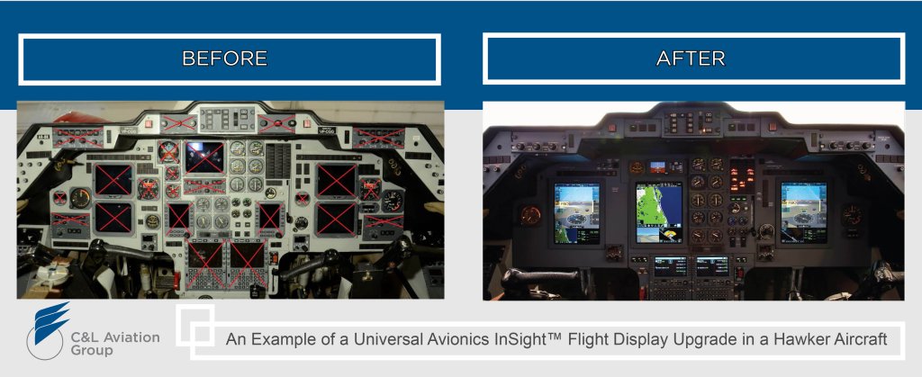 A before and after example of a Universal Avionics InSight Flight Display upgrade in a Hawker aircraft